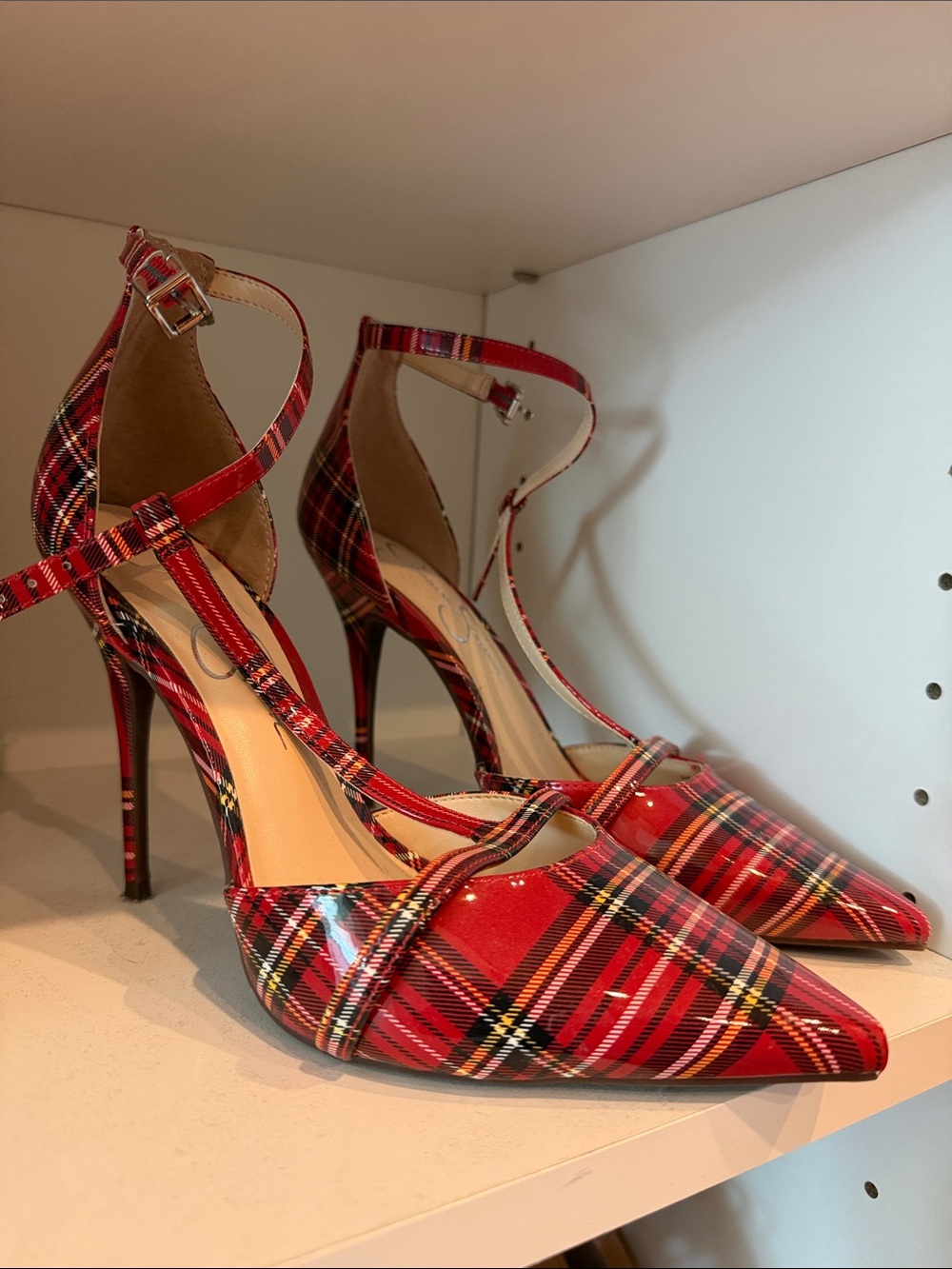 Red Plaid Pointed-Toe Ankle-Strap Heels